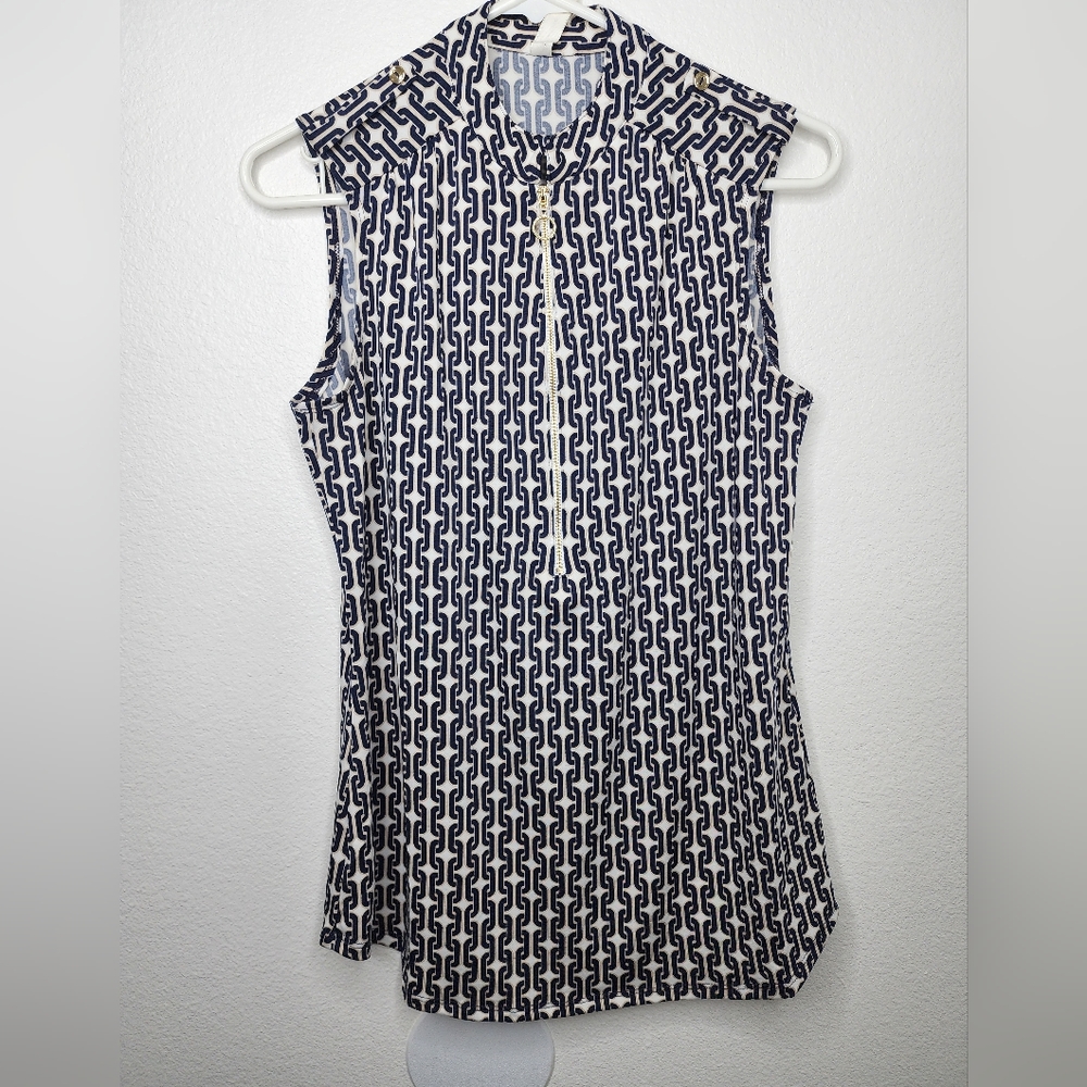 PerSeption Concept Blouse Navy White Gold With Gold Zipper Sleeveless